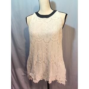 Alfani White Lace Tank Top with Black Collar